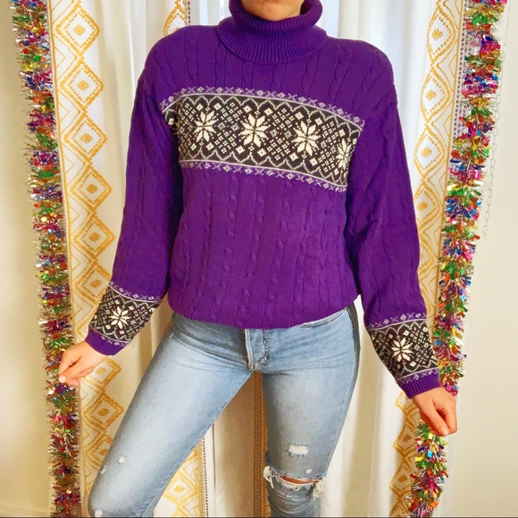 Vintage Sweaters - VTG 90s Purple Chunky Turtleneck Snowflake Sweater
